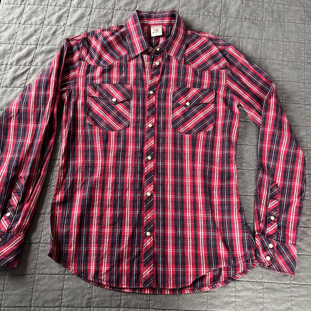 True Religion Men's Pearl Snap‎ Western Shirt Red Plaid Long Sleeve Button Up XL